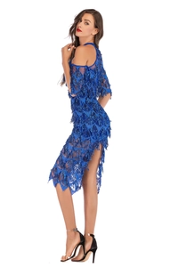 Détail d'une robe bleu roi à paillettes avec franges et motif de grille en losange