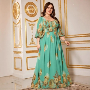 Plus size turquoise long dress with gold floral print, square neck and puff sleeves