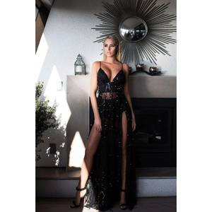 Sexy abito da sera nero trasparente con paillettes, scollo a V e spacco laterale alto