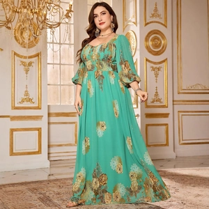 Elegant mint green floral chiffon maxi dress with puff sleeves and sweetheart neckline