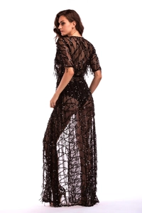 Detail of the sheer black mesh dress with shimmering sequins and long fringes