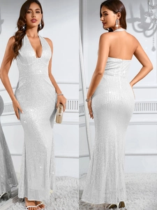 Women Sexy Backless Sequin Maxi Dress Elegant Halter Deep V Neck Sleeveless Bodycon Fishtail Evening Party Gown Banquet