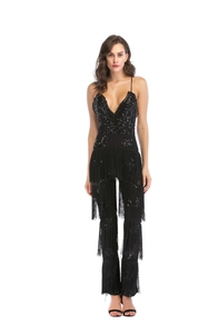 Detail shot of black sequin V-neck romper with dense multi-layer long tassels