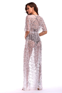 Close-up detail of silver sequins and beaded fringe on a sexy sheer mesh long dress