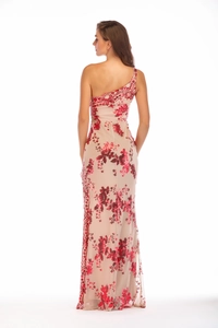 Detailed view of champagne evening gown with red floral sequin embroidery and open back