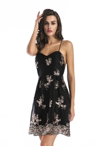 Close-up of black A-line party dress featuring gold sequin floral embroidery and straps