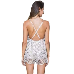 Sexy silver sequin backless romper for women featuring criss-cross straps and shimmering finish