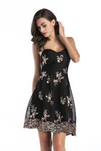 Detail of sequin floral embroidery on a black mini dress with sweetheart neckline