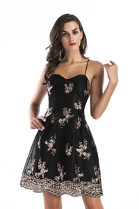 Detail of black mini dress with gold sequin floral patterns and thin shoulder straps