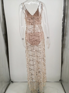 Dettaglio di paillettes color champagne su abito trasparente con zip posteriore