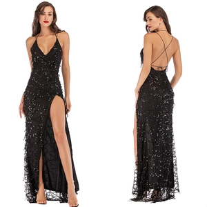 Robe Maxi Sexy à Paillettes Femmes Col en V Dos Nu Fente Haute Robe Longue pour Soirée Banquet Mariage