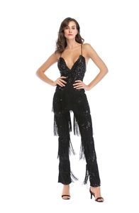 Detail of sexy backless black sequin jumpsuit with shimmering fringe for party wear