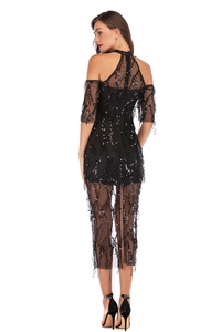 Detailed close-up of sequin tassel patterns on back of black mesh evening dress
