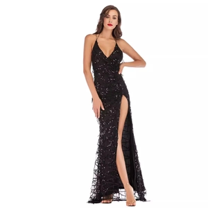 Robe longue sexy à paillettes noires avec dos nu, col en V et fente haute sur le côté
