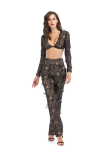 Détail du tissu en dentelle noire sur un ensemble deux pièces sexy à manches longues