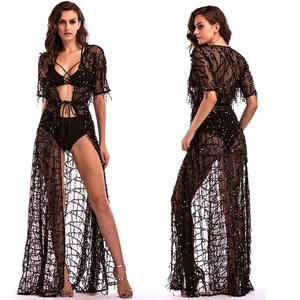 Sexy Mesh Sequin Tassel Long Beach Cover-up For Women Transparent Nightclub Party Dress Bikini Top And Bottoms