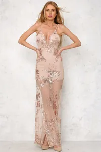 Elegant champagne sequin maxi dress with deep V-neck and sheer mesh floral patterns
