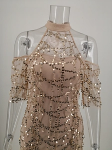 Detail of champagne gold sequins on mesh dress with elegant wave patterns and texture