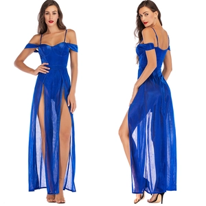 Femmes Sexy Paillettes Fente Haute Robe de Soirée Épaules Dénudées Froncée Dos Nu Maille Transparente Robe Longue Fête Club Robe Maxi