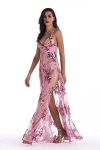 Pink sequin sheer evening dress featuring a deep V-neck, high side slit, and mesh fabric
