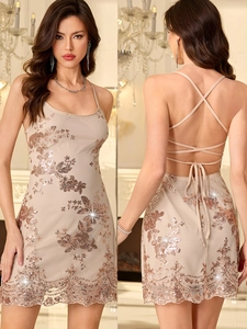 Women Sexy Sequin Floral Cami Dress Backless Lace Up Bodycon Mini Dress Elegant Banquet Birthday Party Cocktail Dress