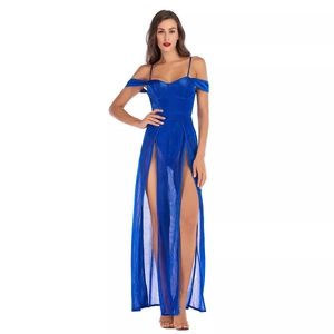 Robe sexy en mesh bleu roi transparent avec fentes hautes et fines bretelles