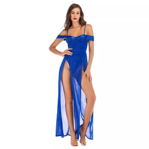Robe de soirée sexy bleu roi à épaules dénudées en tulle avec fentes hautes et moulante