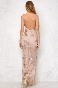 Elegant backless sequin evening gown in champagne rose gold with sheer mesh skirt