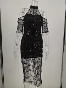 Detail of black sequined fringe and sheer mesh lace texture on the evening party dress