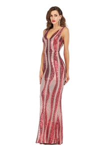 Detailed view of shimmering red and white sequined wavy pattern on backless evening dress