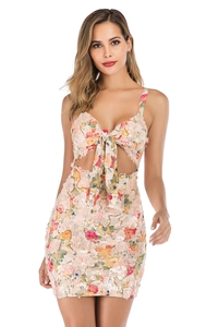 Detail of the sequins and floral print on this sexy cut-out backless mini dress
