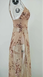 Detailed view of champagne mesh evening gown with rose gold sequins and side slit