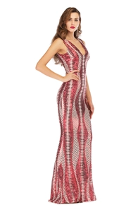 Close-up of sleeveless V-neck evening gown with red and black wave pattern sequins