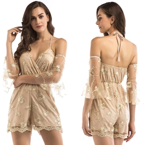 Combishort Sexy pour Femme Dos Nu à Paillettes Col en V Broderie en Maille Combinaison pour Soirée Club Sans Manches