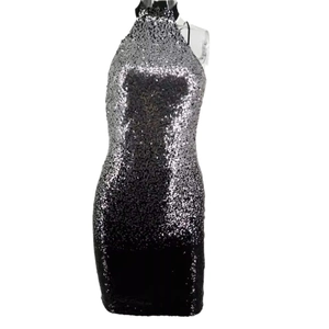 Rückenfreies Neckholder-Paillettenkleid mit Silber-Schwarz-Verlauf für Abendpartys