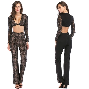Femmes Sexy Noir Paillettes Dentelle Col en V Profond Crop Top à Manches Longues et Pantalon Skinny Taille Haute Party Club Top And Bottom