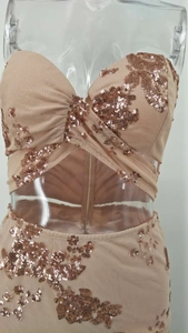 Detail of rose gold sequin floral embroidery on a sexy nude mesh two-piece set