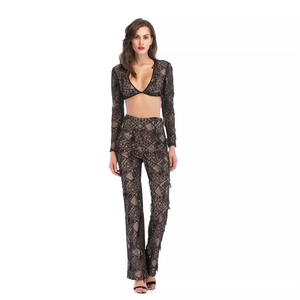 Combinaison sexy deux pièces en dentelle noire avec paillettes et manches longues