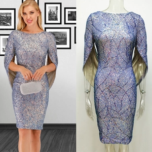 Women Sparkly Blue Sequin Party Dress With Cape Sleeves Sexy Round Neck Mini Bodycon Evening Gown For Banquet Prom Cocktail