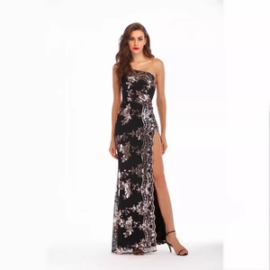 Elegant one shoulder black sequin evening gown with floral patterns and side slit
