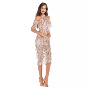 Pink sequin bodycon dress with off-shoulder neckline and tassel fringe details