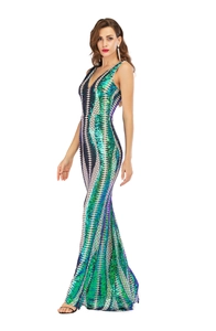 Detail of green and purple sequin gradient fishtail dress with V-neckline design