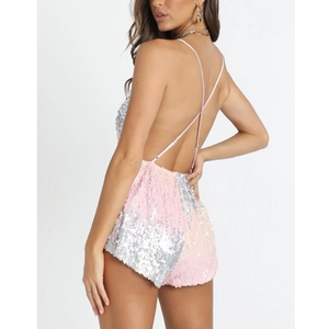 Sexy open back sequined romper in pink and silver with adjustable cross straps