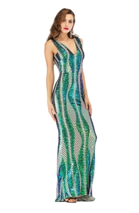 Detail of gradient sequins and geometric wave pattern on a backless evening gown