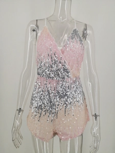 Close-up of shimmering pink and silver sequins on this V-neck backless romper for women