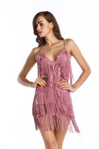 Detailed view of lavender sequin fringe mini dress with delicate spaghetti straps