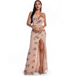 Detail of champagne gold sequined evening gown with deep V-neck and high leg slit