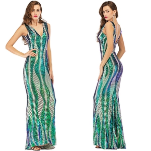 Women Sexy Backless Sequin Evening Dress V Neck Sleeveless Mermaid Floor Length Luxury Banquet Party Formal Maxi Gown