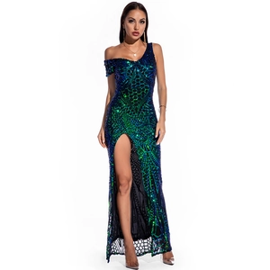Elegant one-shoulder sequin evening dress in blue-green gradient with a high side slit