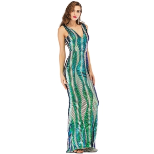 Elegant backless sequins long dress with deep V-neck and mermaid shimmer pattern